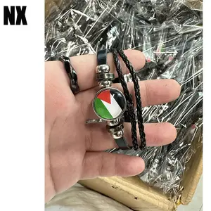 Hot Selling Alloy Material Party Promotional Gift Glass Bead Leather Braided Bracelet Palestine Flag Colours For NX