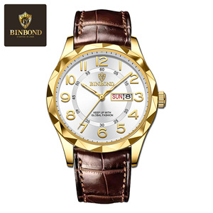 Binlond Men's Quartz Watch Gold Case Leather Strap Calendar Day Date Waterproof 30M Analog Display Fashion Business Style - Product Image 4