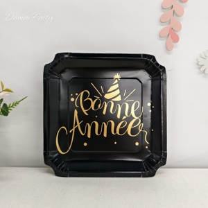 DAMAI Happy New Year Party Supplies Black square Golden Hat Plate French Bonne Anne <b>Disposable</b> <b>Tableware</b> Set Paper Cups Napkins - Product Image 2
