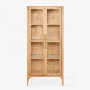 Luxury Restaurant Furniture Mid century-style Solid oak Double glass Door Curio Cabinet