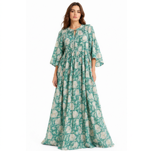Robe longue unie vert sarcelle à col en V pour femme, style bohème, coupe ample évasée, manches longues, idéale pour les fêtes, écologique, 100 % coton, pour l'été et les vacances. - Product Image 1