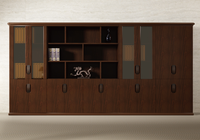 Meuble de bureau exécutif en bois grainé avec portes en verre trempé, étagères ouvertes et rangement inférieur verrouillable
