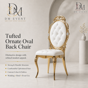 Chaise de mariage baroque capitonnée à dossier ovale en acier inoxydable doré avec coussin blanc pour événements de mariage et banquets – Sièges événementiels - Product Image 3