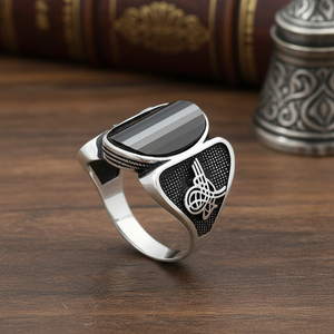 Oval Onyx Stone Tugra Design Ottoman <b>Men's</b> <b>Ring</b> Turkish Handmade Wholesale Authentic <b>Silver</b> <b>Men</b> <b>Ring</b> - Product Image 3