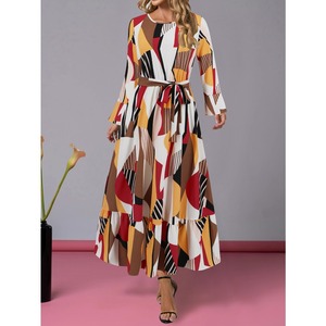 424 stampa geometrica girocollo cintura ogni giorno indossa traf store elegante abbigliamento femminile abiti casual per signore grasse - Product Image 4