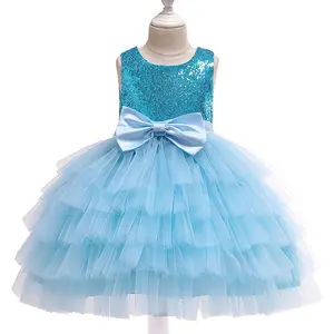 Wish-ropa infantil con lentejuelas, vestido de pastel de lazo para niñas, vestido de boda, vestido de princesa de flores para niñas