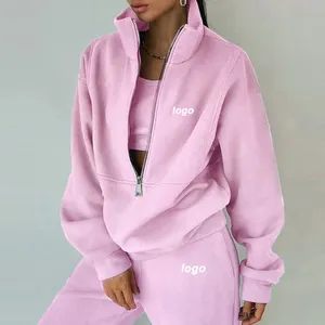 Custom Half Full-Zip Fleece Hoodie Tweedelige Broek Set Vrouwen Sweatpakken Set Oversized Vrouwen Hoodie Set