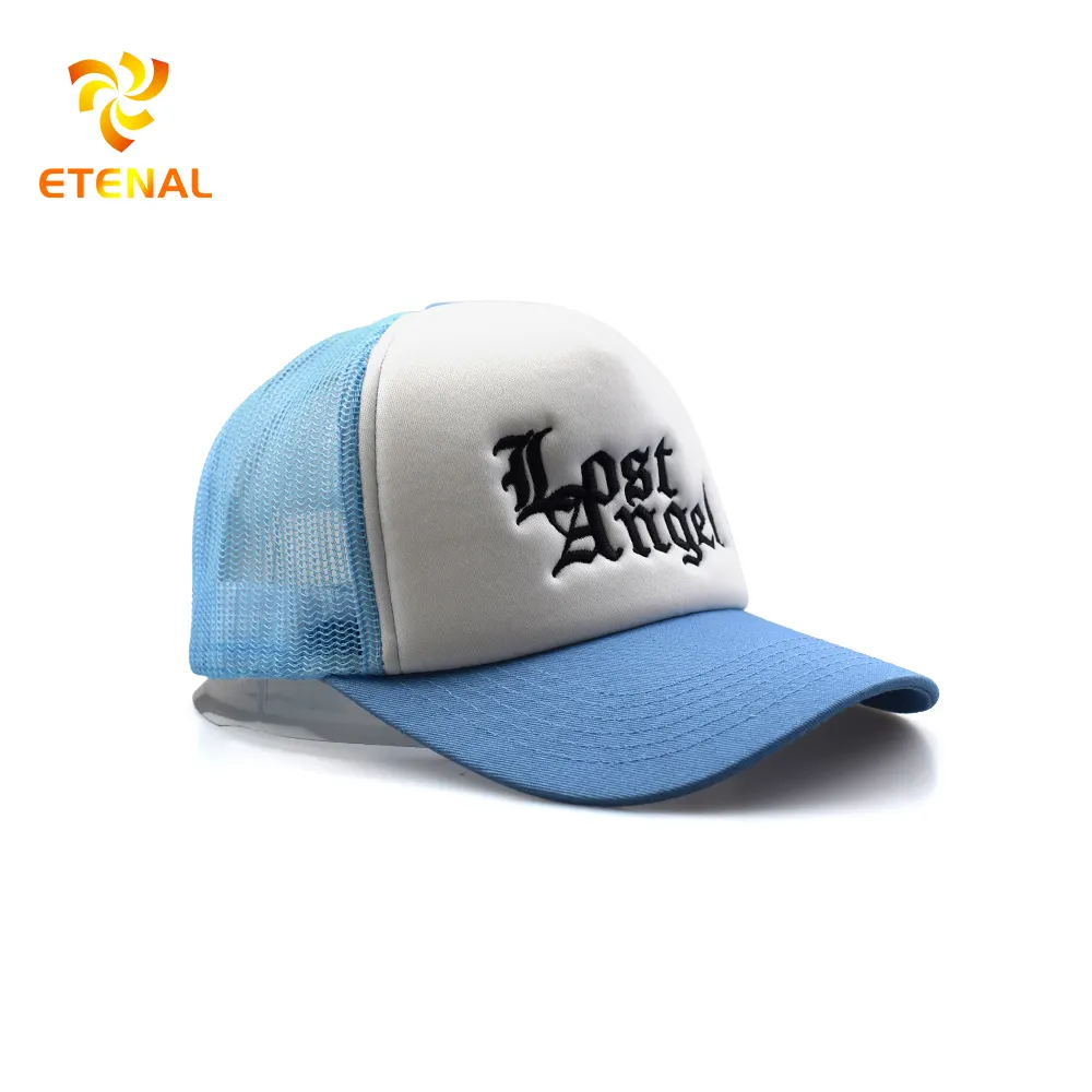 OEM ODM Chapéu Atacado Fábrica Personalizado Logotipo Bordado Cap Malha Azul Branco Dois Tons Espuma Trucker Chapéus