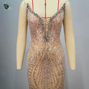 Vestido Largo de Lujo con Lentejuelas Diamante Color Champán para Mujer, Sexy con Escote en V Profundo sin Tirantes y Corte Imperio para Fiestas de Cumpleaños, Celebridades y Cócteles - Product Image 3