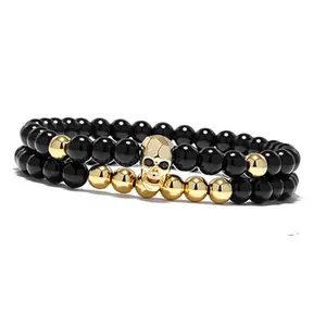 Clássico Cobre Crânio Bead Elastic Black Men's Bead Casais Pulseira Para Homens E Mulheres