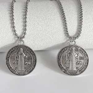 Colar redondo saint benedict, colar medalhão, corrente de aço inoxidável, católico, são benedict, pingente medalhão, joias de san benito