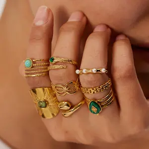 Mode Sieraden Groothandel 18K Verguld Roestvrij Staal Franse Design Natuurlijke Malachiet Ring Dame