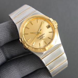 Montre pour homme Omegaes haut de gamme et luxueuse, mouvement mécanique automatique, bracelet en acier inoxydable, cadran à motif soleil doré - Product Image 1
