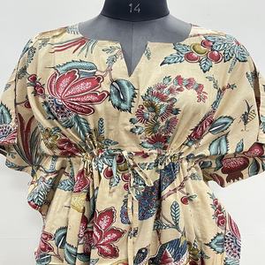 ชุดเดรสคาฟทันพิมพ์ลายดอกไม้ด้วยมือ ผ้าฝ้ายคุณภาพสูง 100% งานแฮนด์เมด ไซส์ฟรีสำหรับผู้หญิง 1 ชิ้น ราคาขายส่ง - Product Image 5