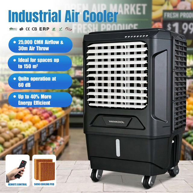 25000 CMH Industrial Air Cooler Portable Evaporative Duct air Cooler 62 DB Low Noise with 30m Air Throw up to 150㎡ Coverage