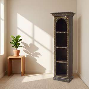 Librería/Estantería de madera vintage con vitrina y cuatro niveles de estanterías de madera con herrajes de latón, mueble de biblioteca para el hogar, hotel, casa de campo. - Product Image 1