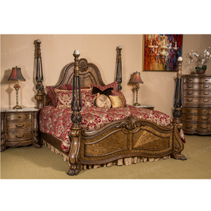 Ensemble de <span class=keywords><strong>chambre</strong></span> à coucher complet en <span class=keywords><strong>bois</strong></span> <span class=keywords><strong>massif</strong></span> sculpté, style campagne américaine antique, avec lit à baldaquin, coiffeuse et tables de chevet - Product Image 1