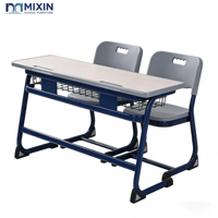 Bureau et chaise d'école à deux places, mobilier scolaire, tables avec plateau en bois, coins arrondis, base en forme de traîneau, patins antidérapants pour les grandes salles de classe