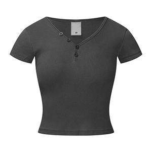 2025 Spicy Girl Retro Top Buttoned V-Neck Straight Shoulder Short Sleeve <b>Slim</b> <b>Fit</b> for Summer - Product Image 1