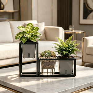 Pot de fleurs auto-arrosant noir moderne <span class=keywords><strong>avec</strong></span> support, jardinière carrée en plastique <span class=keywords><strong>avec</strong></span> indicateur de niveau d'<span class=keywords><strong>eau</strong></span> pour la décoration de la maison et du bureau - Product Image 3