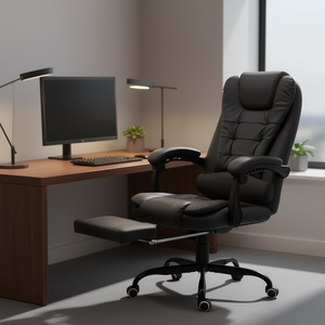 Silla Ejecutiva de Oficina en Cuero Sintético Gris, Respaldo Reclinable, Altura Ajustable, Giratoria, con Reposabrazos y Reposapiés - Product Image 2