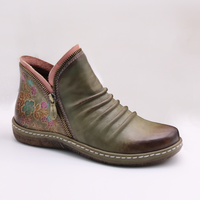 Vente en gros de bottes de cowboy western pour femmes, bottes en cuir véritable à bout rond et cheville avec fleurs peintes à la main pour femmes