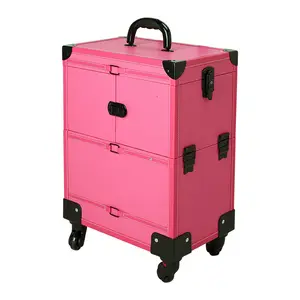 Étui de train rose pour femmes sacs à cosmétiques valises à roulettes dur chariot ongles kit de maquillage boîte pour professionnels ensemble complet