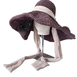 Custom Luxury Super Wide Brim Sun Hat Summer UPF50+ Packable Floppy Beach Hand Woven Paper Straw Hat with Big Bow Tie Ribbon