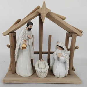 3-Piece <strong>Nativity</strong> Holy Family with Wooden Stable, <strong>Minimalist</strong> White Resin Figurines, Farmhouse Christmas Manger Home Decor - Product Image 1