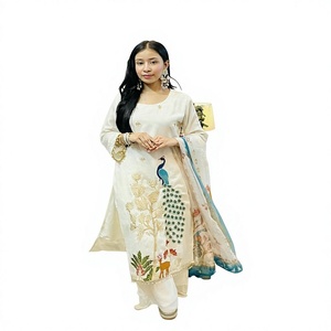 Women's WHITE Cotton <b>Kurta</b> Set Accents Traditional <b>Indian</b> Style Loose Fit Casual Wear - Product Image 1