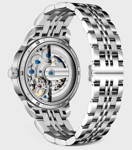 Custom Stainless Steel Case 2 Skeleton Flywheel Waterproof Men's Business Mechanical Watch