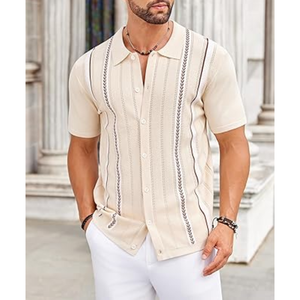 Chemise décontractée à manches courtes pour homme, col rabattu, boutonnage simple, tricot rayé, haut d'été - Product Image 2
