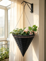 Panier à fleurs suspendu conique en ciment noir, jardinière tressée avec bord dentelé marron, crochet métallique sculpté à la main style américain, étanche