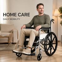 Fauteuil roulant avec cadre en acier, siège rembourré découpé, freins à câble, accoudoirs amovibles, repose-pieds relevables pour personnes âgées et handicapées
