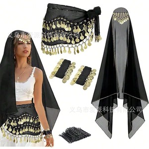 Ensemble de costumes de danse du ventre avec coiffe, voile, chaîne de taille, bracelets et pinces pour femmes, tenue de performance - Product Image 1
