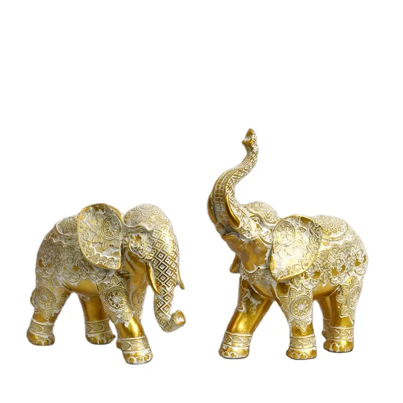 Statue d'éléphant en résine dorée pour la décoration intérieure faite à la main, ornement de table d'intérieur, figurines d'éléphant en gros de Chine