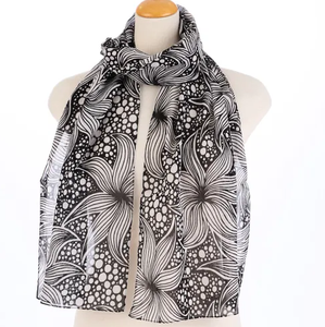 Women's Black & White Floral/Geometric Print Scarf Lightweight Cotton Neck <b>Wrap</b> Soft <b>Shawl</b> for All Seasons - Product Image 1