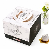 Boîte à gâteau en papier jetable avec fenêtre et poignée, motif marbré, logo personnalisé KM, emballage pour pâtisserie