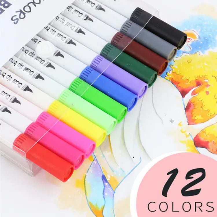 Dubbele Kop 12 Kleuren Soft Tips Aquarel Borstel Markers Pen Voor Tekenen Schilderen
