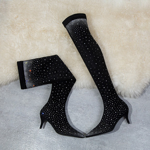 Bottes hautes jusqu'au cuisse en matière extensible, grande taille, style rétro, talon bas de 6 cm, bottes hautes au-dessus du genou pour femmes - Product Image 2
