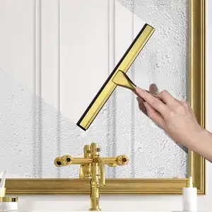 Shower Wiper With Stick Hook Squeegee Silicone Blade For Household Cleaning Shower Squeeges Window Brush Gold 10 Inch 1 PCS