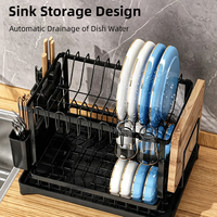 Égouttoir à vaisselle 2 niveaux en métal noir, pliable et extensible, pour bols, assiettes et tasses
