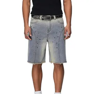 American Perforated Washed Denim Jean Shorts For Men And Women Casual Loose Straight Men Shorts