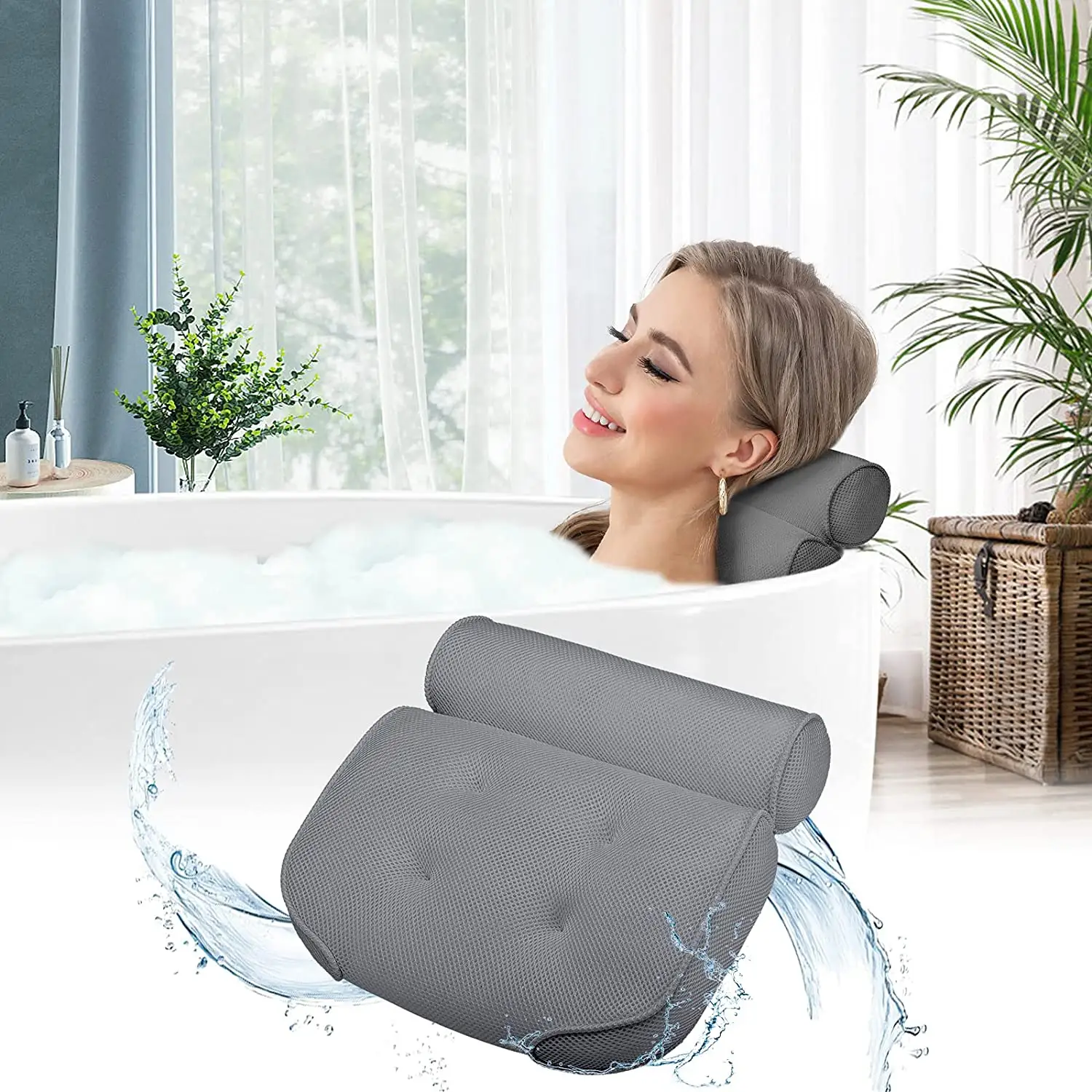 Cojín suave de lujo para el baño, reposacabezas grande de Spa 3D, almohada de baño gris de malla de aire, Ideal para Spa en casa