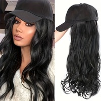 Topi Bisbol Gaya Korea Wanita Warna Hitam Polos Model Cap dengan Ekstensi Rambut Keriting Panjang Bergelombang Besar untuk Menutupi Seluruh Kepala
