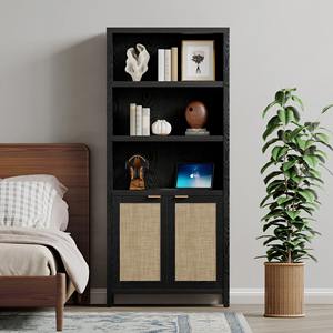 Librería Alta Negra Estilo Boho al por Mayor, Estantería de Madera con Puertas, Estantes Ajustables, Estilo Ratán - Product Image 1