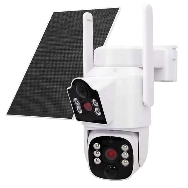 8MP CMOS Dual Lens Solar Powered Security Camera Outdoor Night Vision Two Way Audio SD Card 1 Year Warranty Cloud Recording IP65