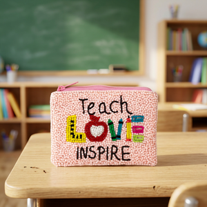 กระเป๋าใส่เหรียญปักลายแฟชั่นทำมือประดับลูกปัด ซิปปิด ทรงสี่เหลี่ยม  ลาย Teach Love Inspire ใช้ได้ทุกวัน - Product Image 3