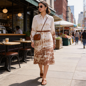 فستان طويل الأكمام بنمط التاي داي البني - مثالي كفستان ماكسي بوهيمي أو كغطاء أنيق للشاطئ لجميع مناسبات الصيف - Product Image 1