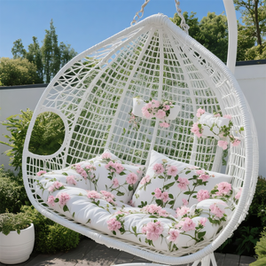 डबल सीट रतन लटका हुआ अंडे की कुर्सी, पुष्प कुशन, धातु स्टैंड. जोड़े के लिए 2-व्यक्ति समुद्री दृश्य - Product Image 4